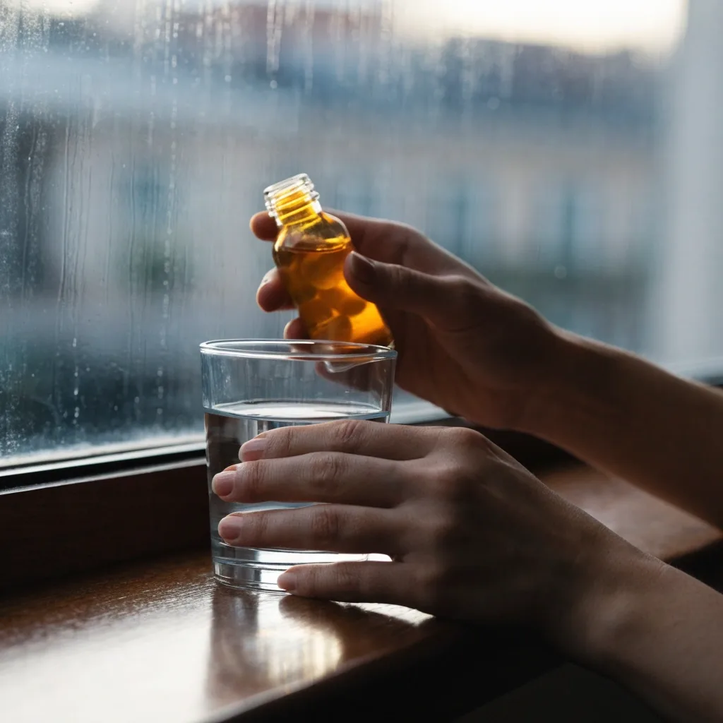 Mains tenant un verre d'eau simple au bord d'une fenêtre lyonnaise humide en après-midi