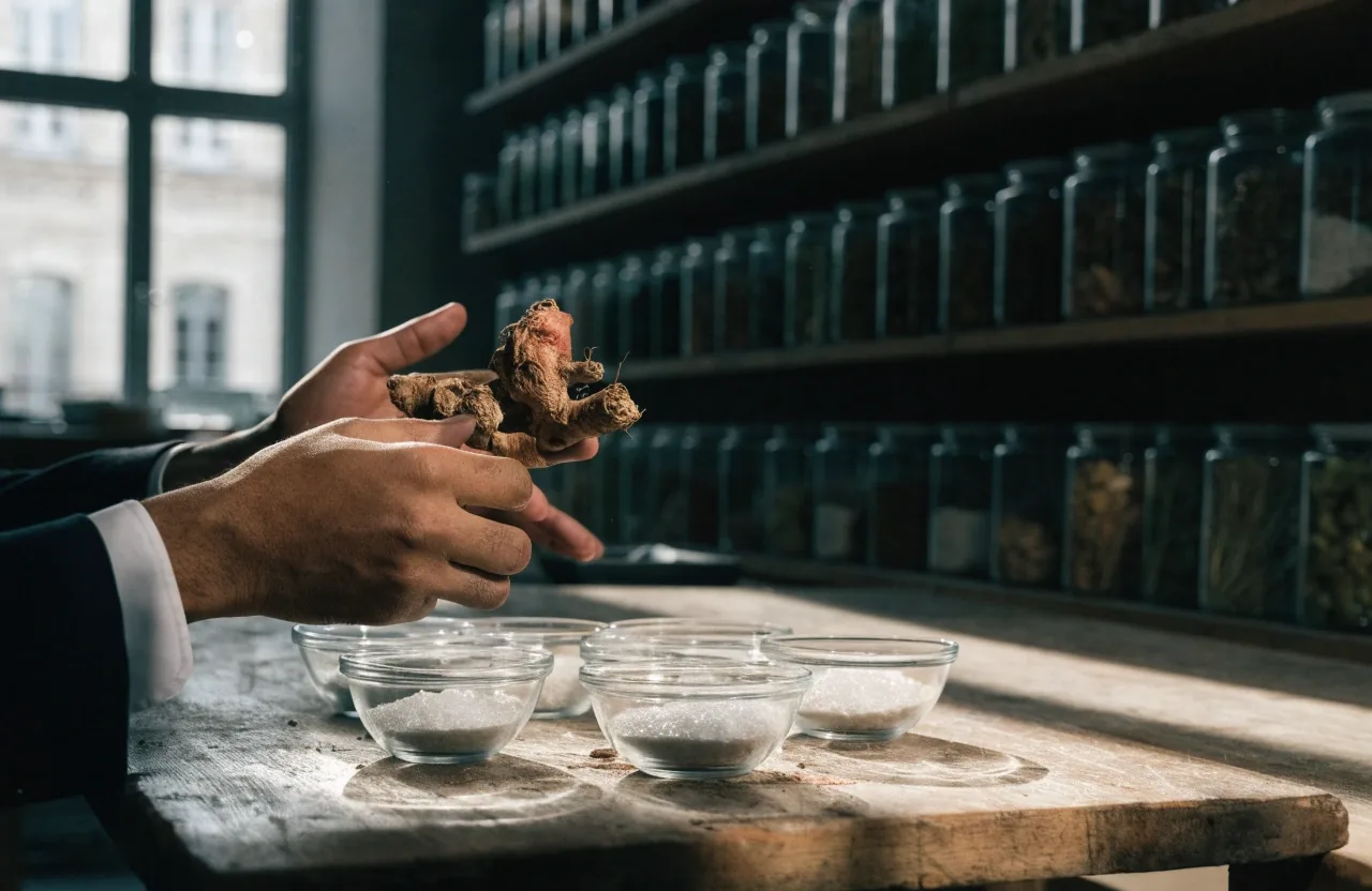 Racines de ginseng séchées et granules de magnésium posés sur du lin brut sous une lumière rasante