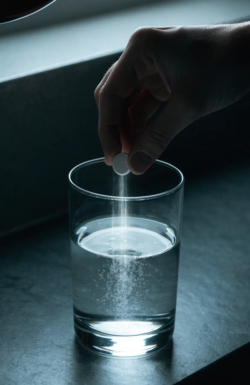 Colonne de comprimés effervescents dans un verre d'eau sur un comptoir mat