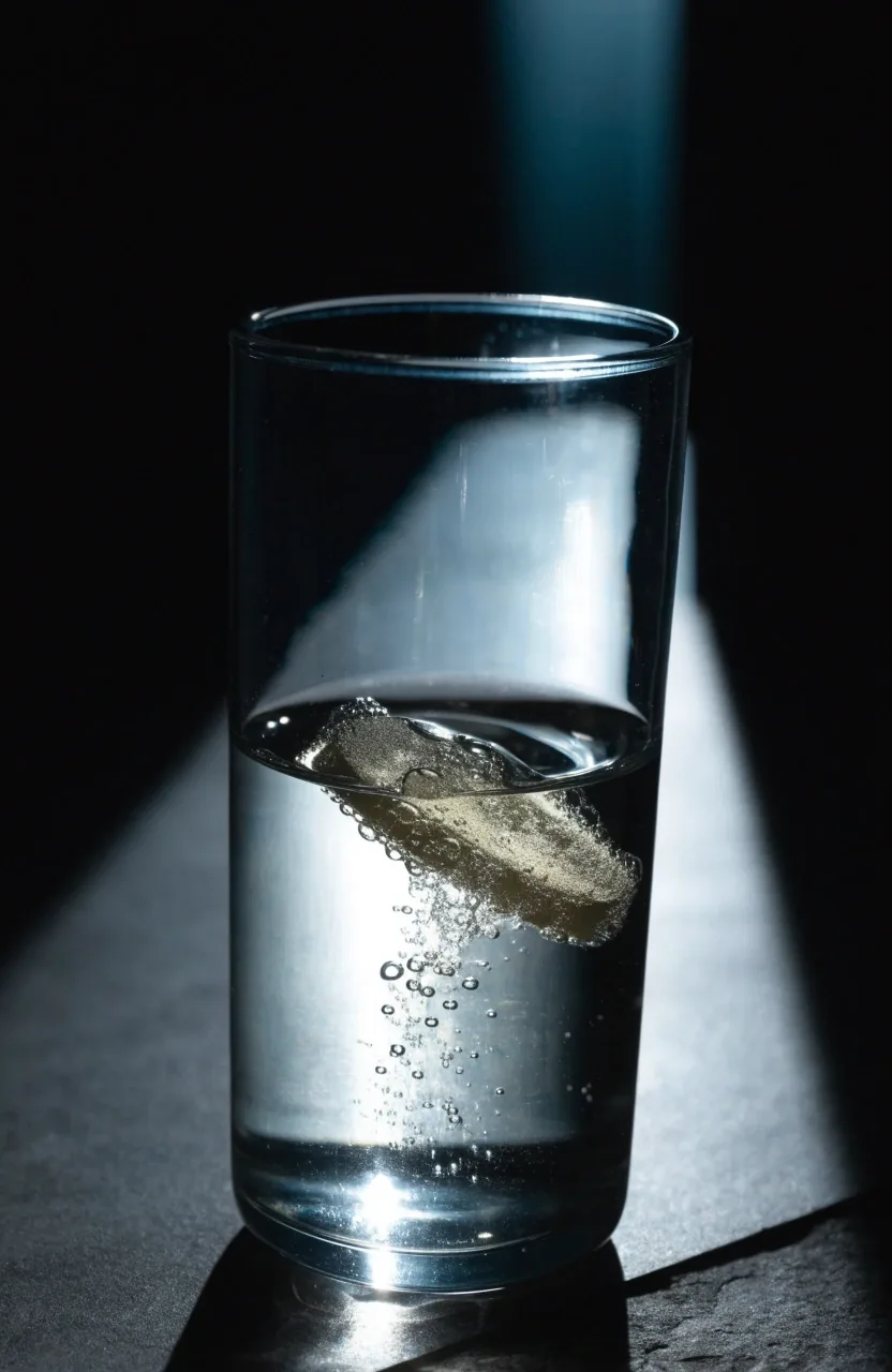 Comprimé effervescent qui crève la surface d'un verre d'eau rétroéclairé sur un comptoir sombre