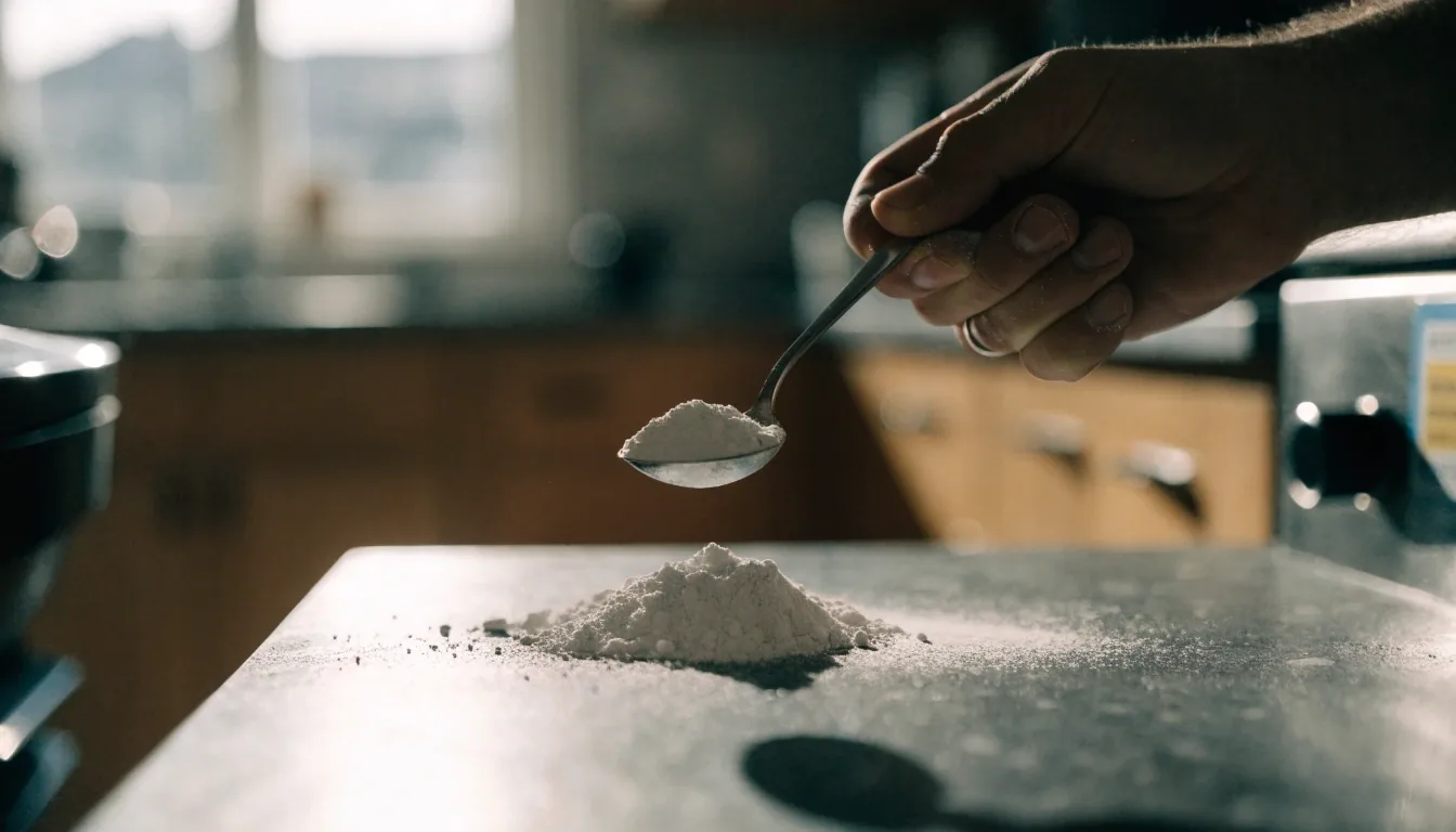 Granules de magnésium en couche mince sur une ardoise mate, lumière rasante
