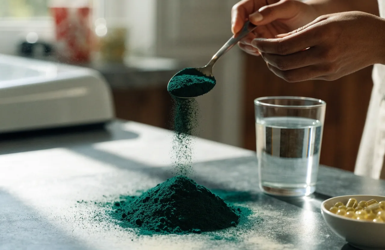 Poudre de spiruline étalée en couche mince sur une ardoise mate, lumière rasante