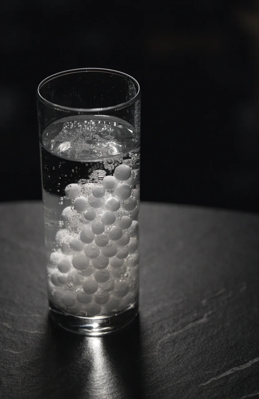Colonne de comprimés effervescents au fond d'un verre d'eau froide