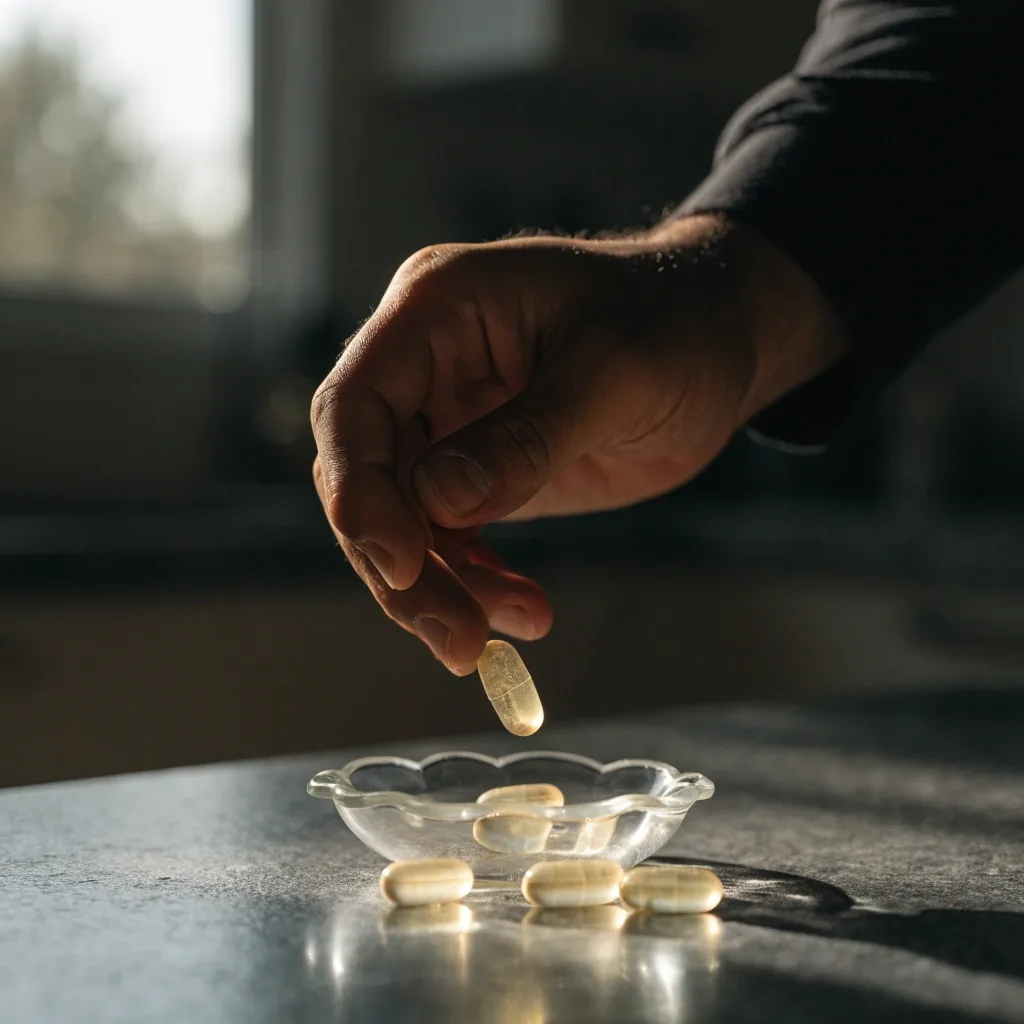 Macro d'une fine poudre pâle étalée sur une ardoise mate en lumière rasante