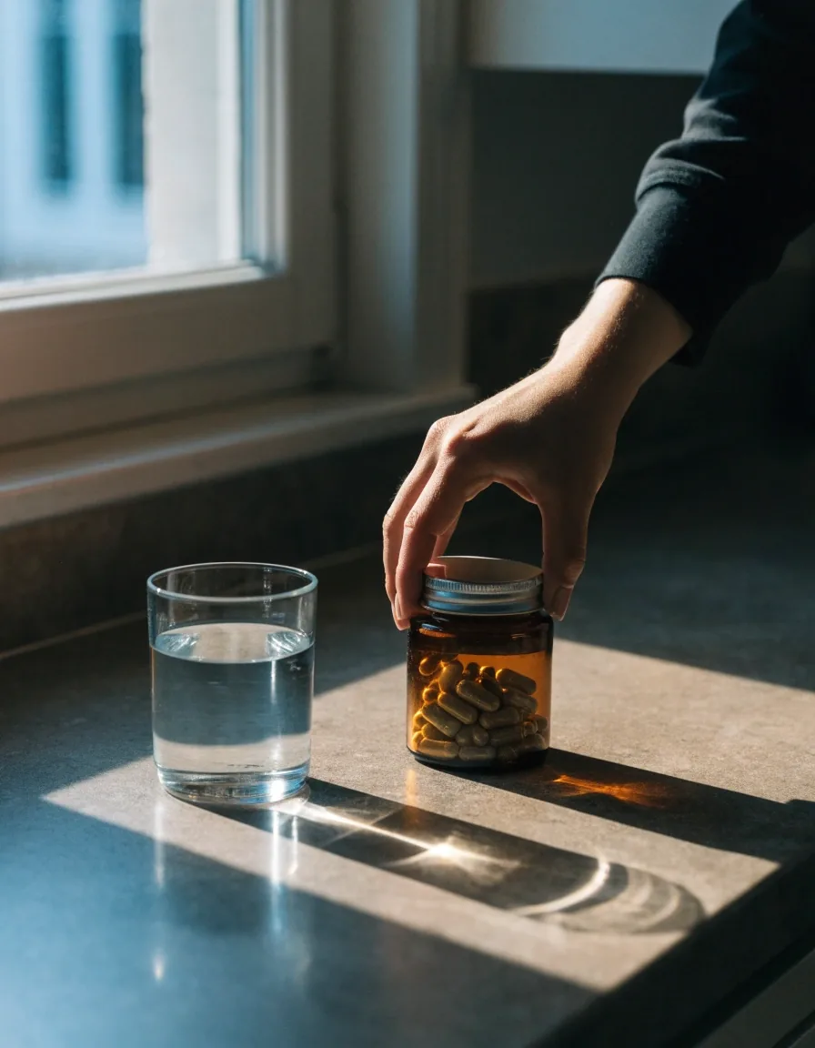 Un contenant ambré de capsules posé près d'un verre d'eau sur un comptoir mat