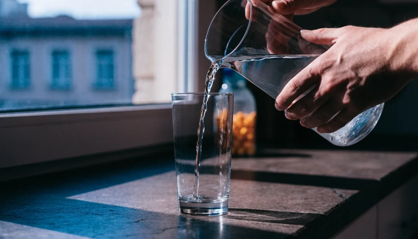 Lumière froide d'après-midi traversant un verre d'eau vide sur un rebord de pierre, près d'une fenêtre de bureau à Lyon