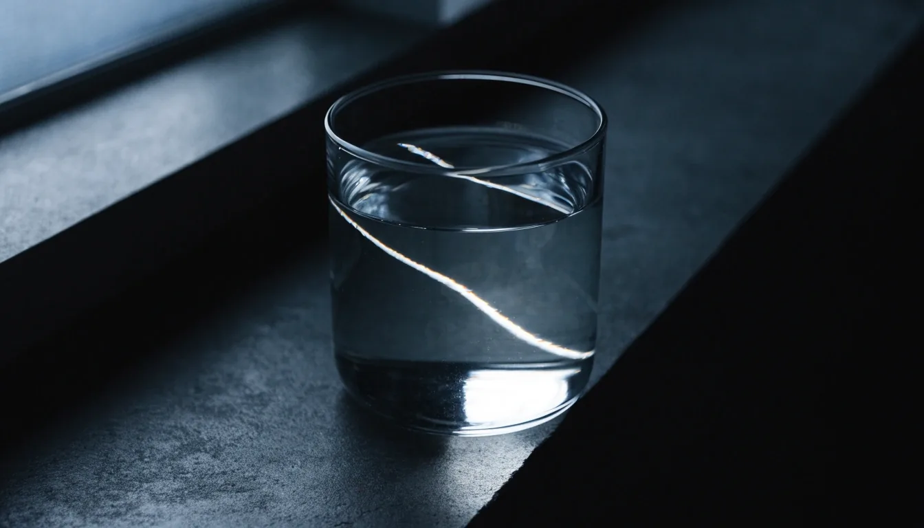 Lumière froide traversant un verre d'eau posé sur une surface mate sombre