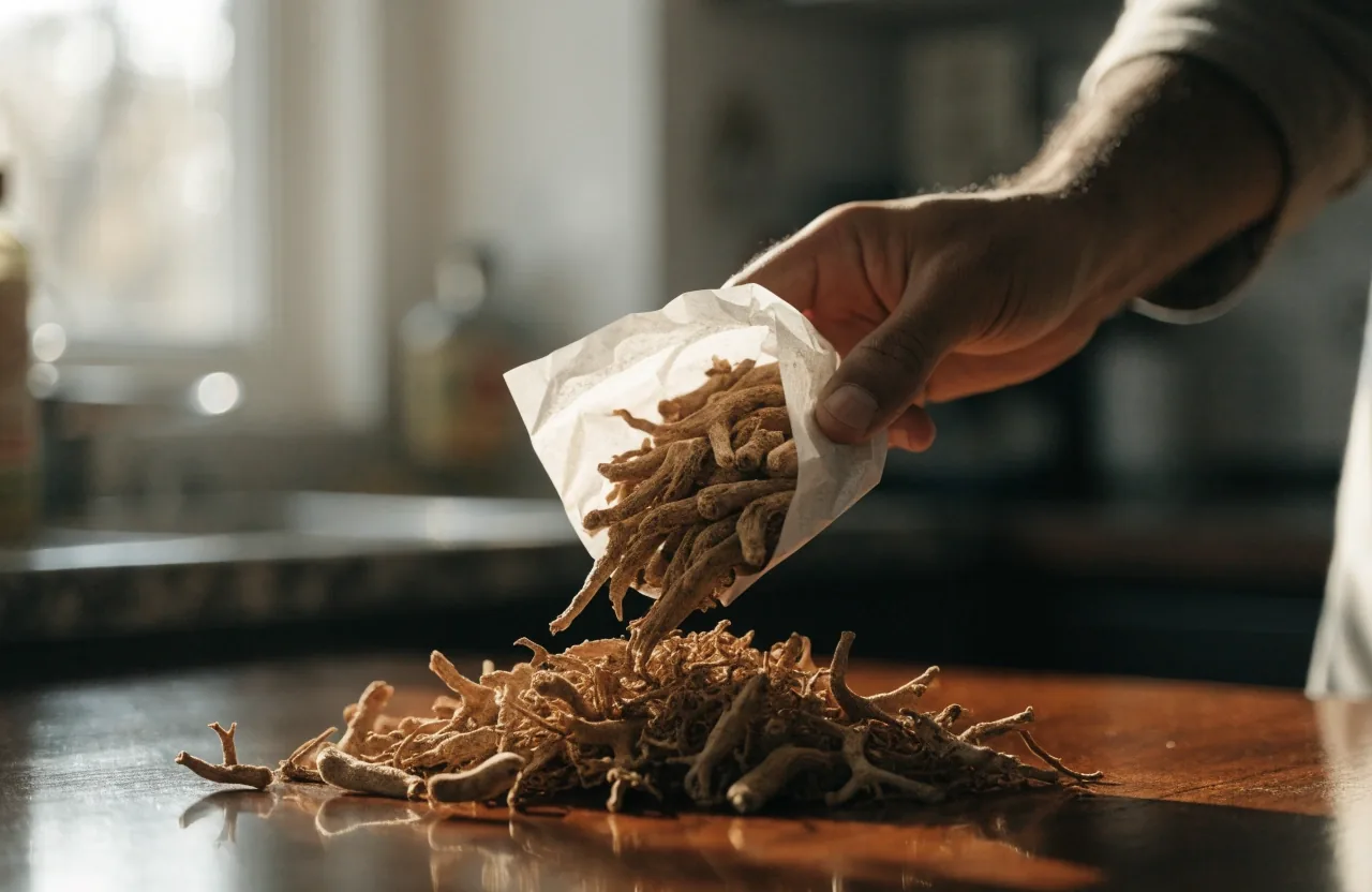 Racines de ginseng séchées sur lin brut, lumière rasante de fenêtre
