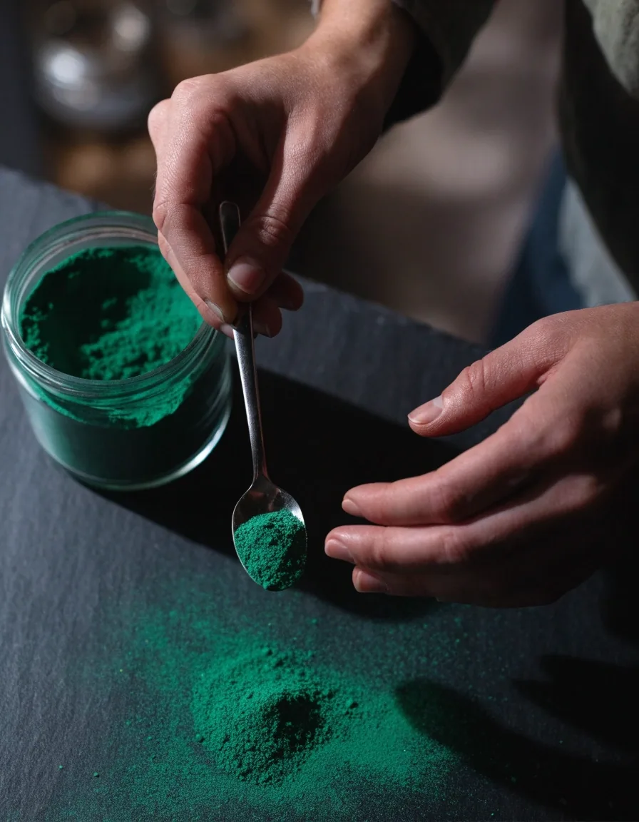 Macro de poudre de spiruline en tas bas sur un support mat