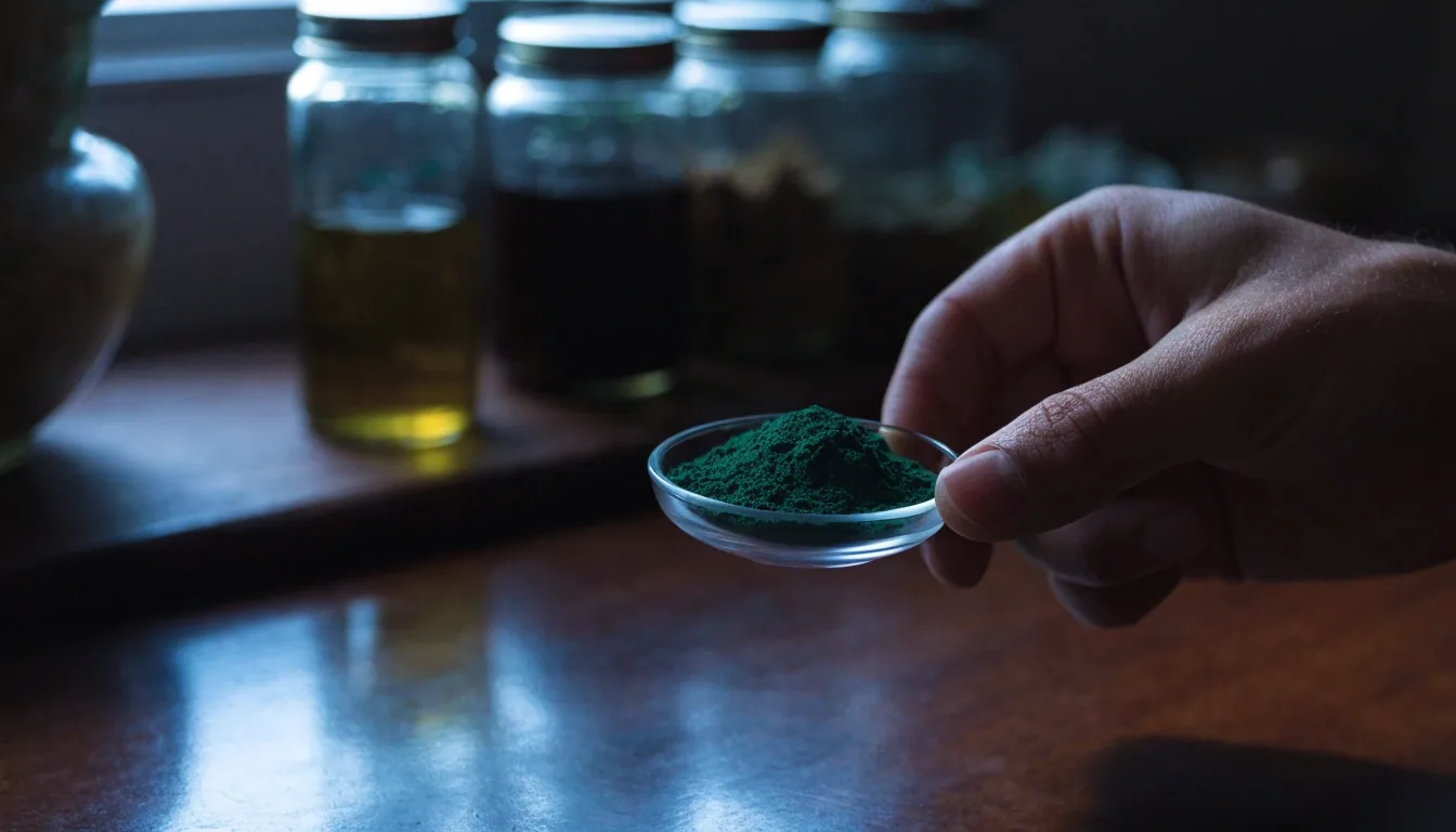 Poudre de spiruline étalée sur une ardoise mate, éclairée en lumière rasante