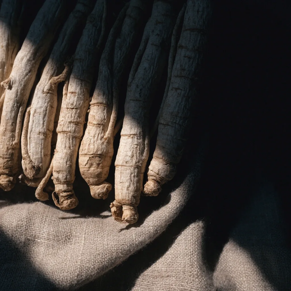 Racines de ginseng séchées posées sur du lin brut, en lumière rasante
