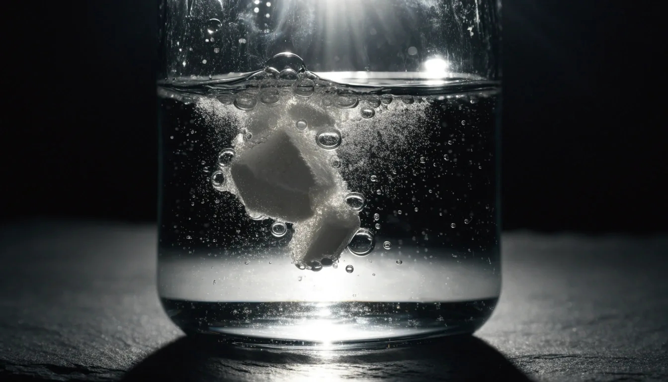 Comprimé effervescent qui traverse la surface d'un verre d'eau rétroéclairé