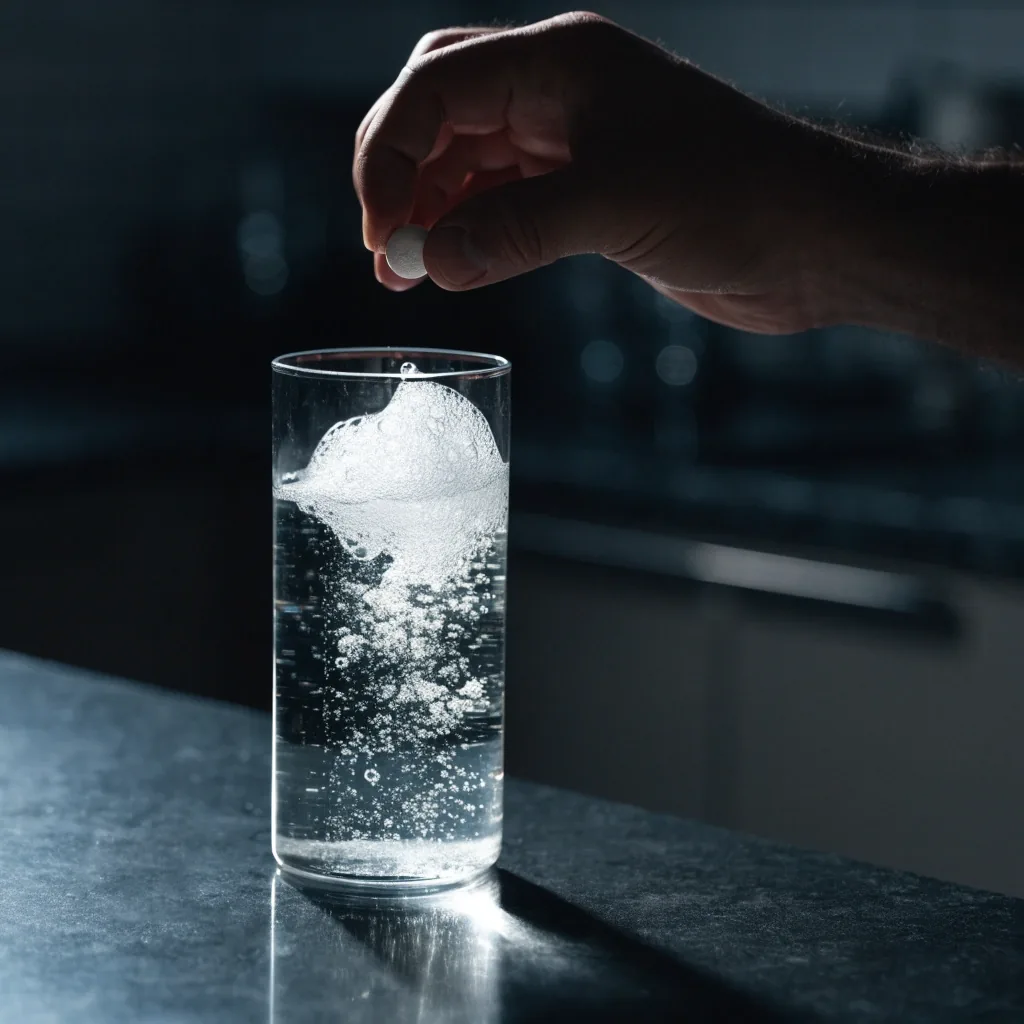 Comprimés effervescents en colonne dans un verre d'eau rétroéclairé