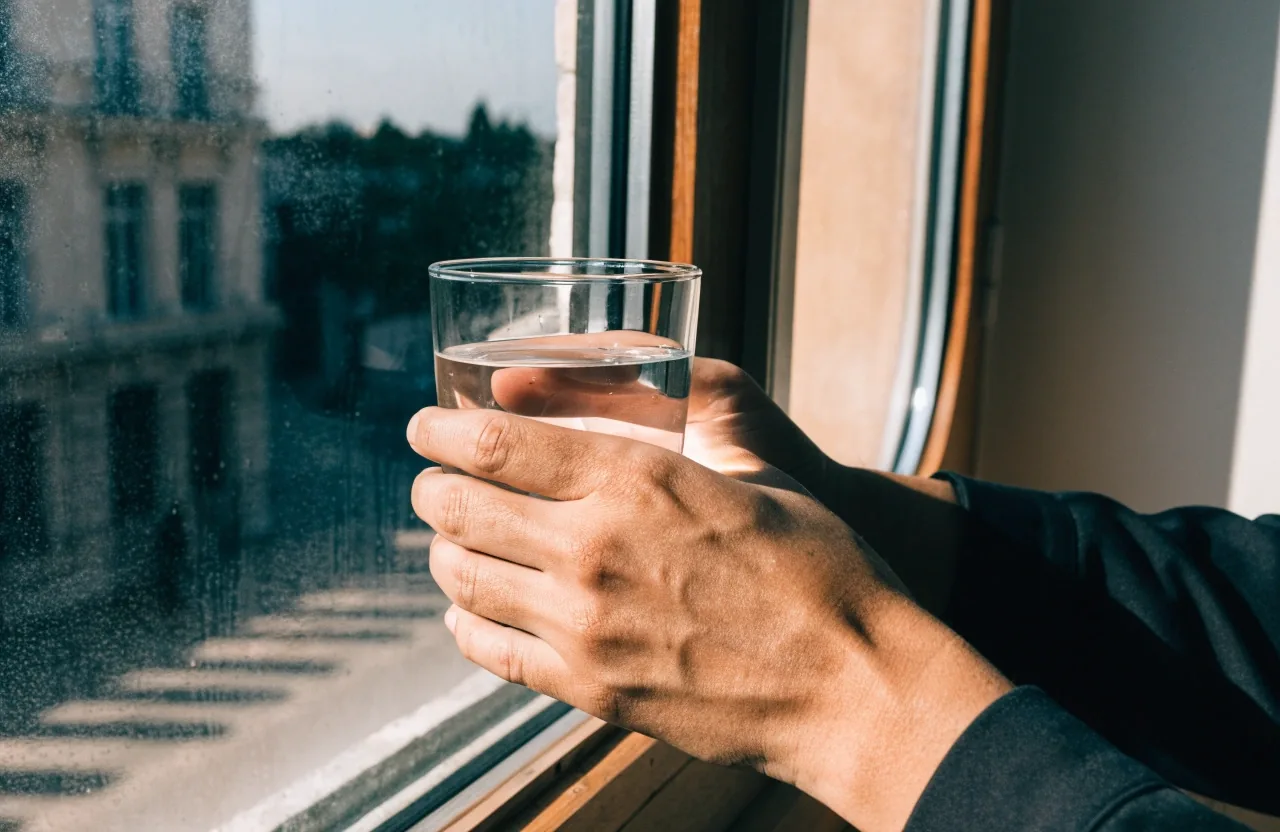 Mains tenant un verre d'eau près d'une fenêtre humide à Lyon