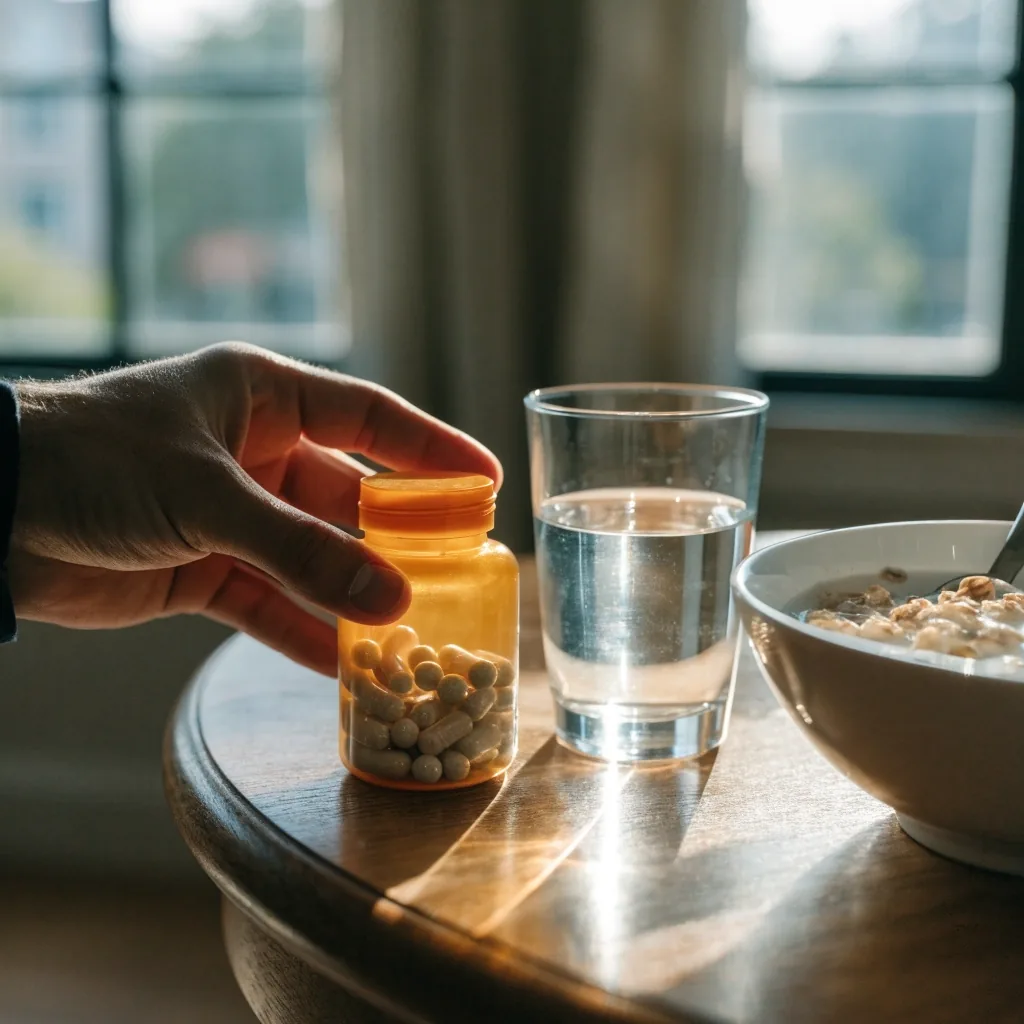 Table de cuisine le matin avec un verre d'eau, un bol de céréales et un petit contenant ambré non étiqueté