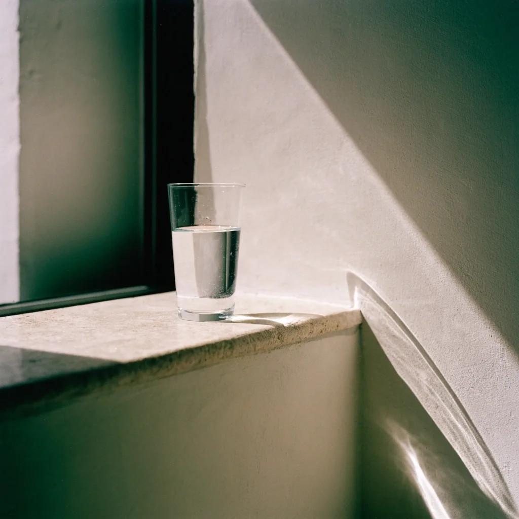 Intérieur lyonnais sobre, lumière froide de mi-journée traversant une fenêtre haute