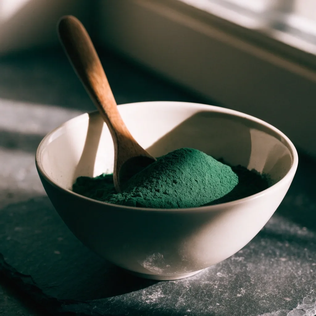 Poudre de spiruline dans un bol en céramique mate sur un comptoir sombre, lumière rasante